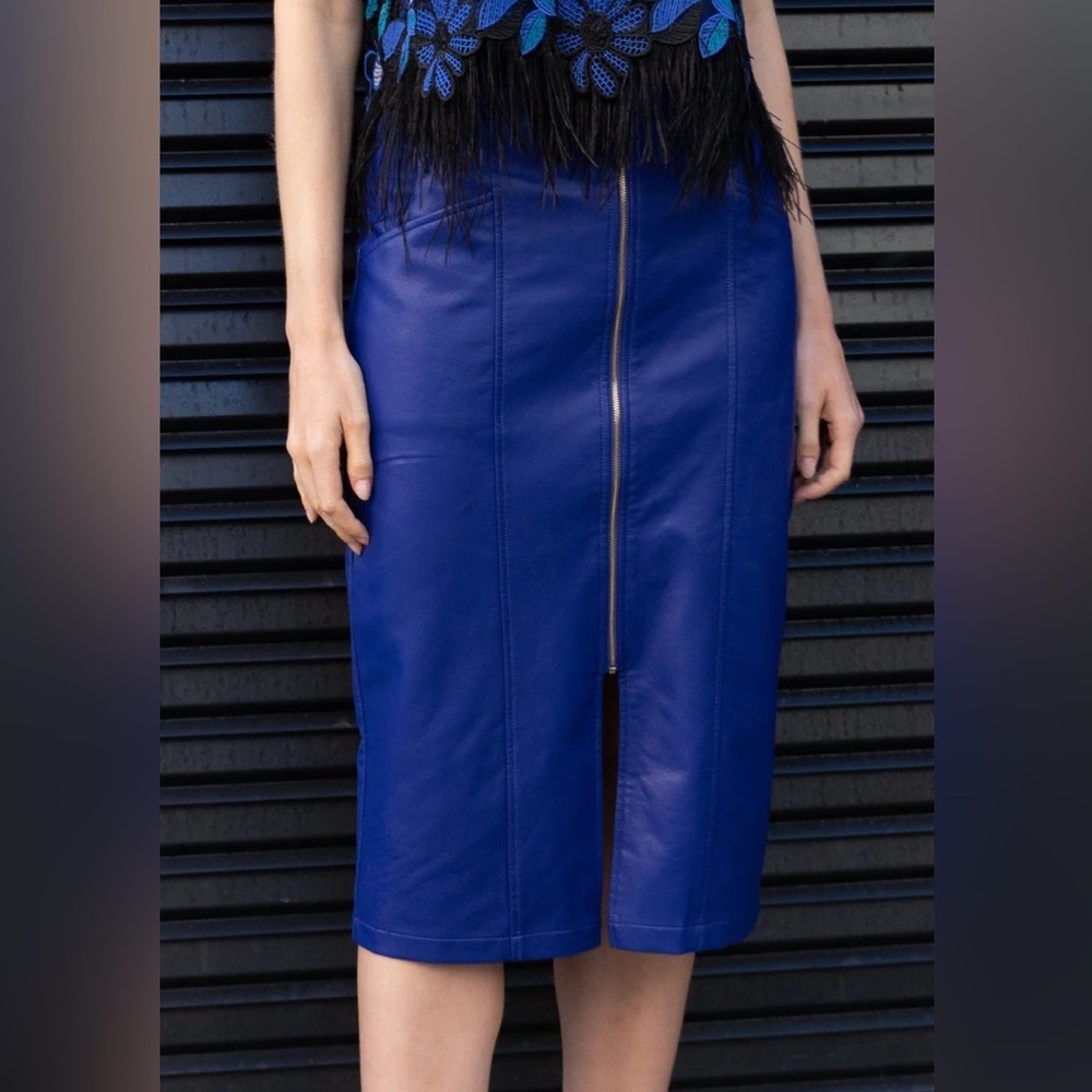 Cobalt Blue Eva Franco for Anthropologie Faux Leather Midi Pencil Skirt